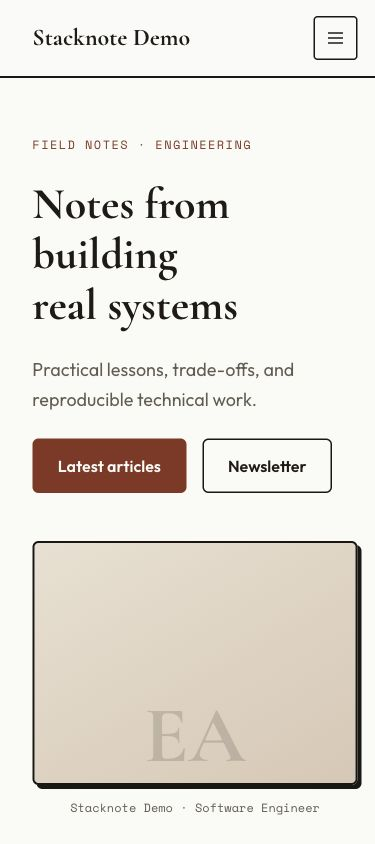 Mobile Stacknote homepage with a collapsed navigation menu, stacked introduction, and author initials card